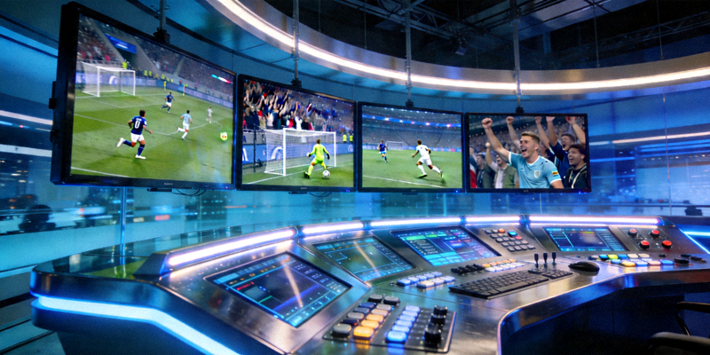 现代高科技演播室控制台，大屏幕上显示着多场足球比赛的实时直播画面